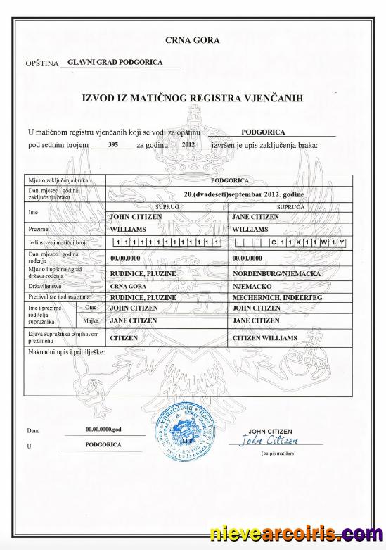 MONTENEGRO (Crna Gora) marriage certificate